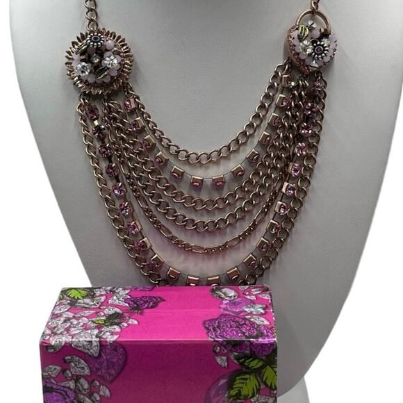 Betsey Johnson Pink Rose Gold-Tone Woven Charm MultiChain Necklace New with Box - Picture 4 of 15